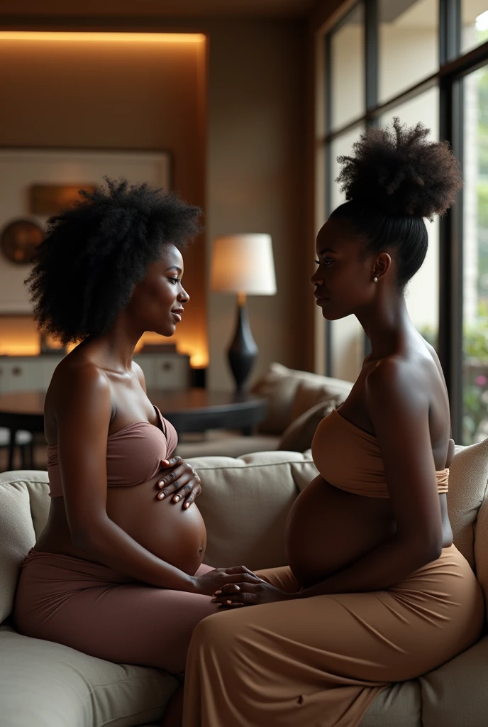 With them sitting in a couch,Generate an image of a gorgeous black curvy skinny beautiful lady having a conversation with a pregnant black beautiful lady in a luxurious living hall