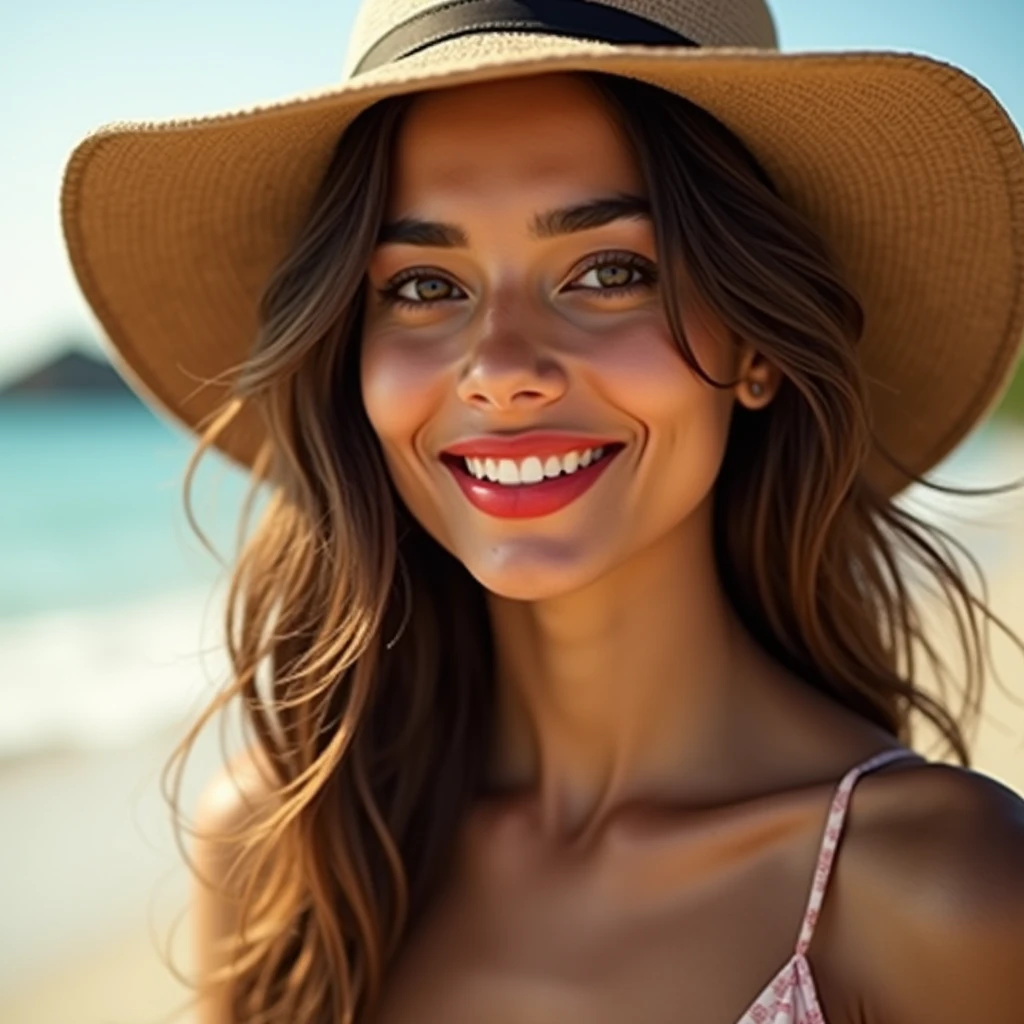 An Asian Indian, heavenly and incredibly beautiful, displays a seductive charm with her honey eyes and flowing brown hair. She is wearing a stylish hat on the beach, with her sun-kissed skin and red lips captured in a high-resolution image. The portrait highlights her charming smile and the exceptional quality of the image., with natural and impressive details.
