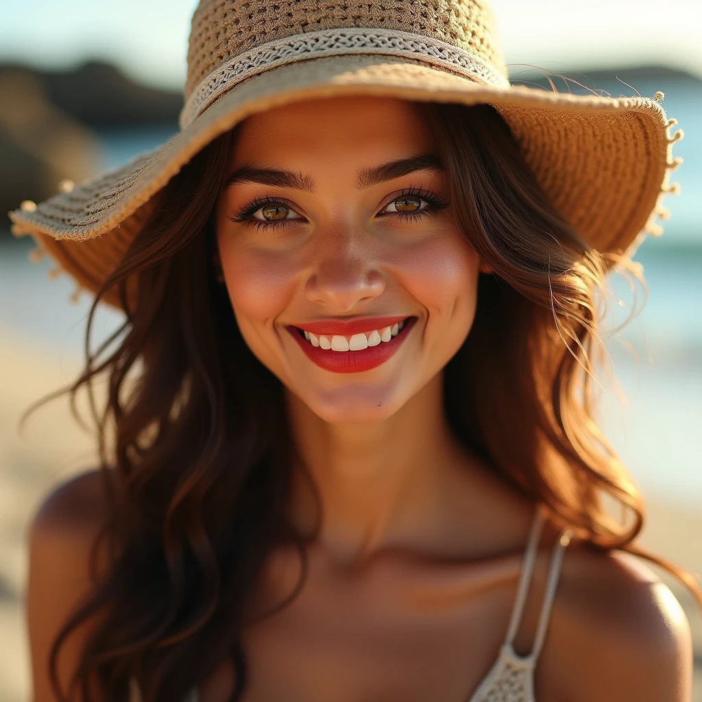 An Asian Indian, heavenly and incredibly beautiful, displays a seductive charm with her honey eyes and flowing brown hair. She is wearing a stylish hat on the beach, with her sun-kissed skin and red lips captured in a high-resolution image. The portrait highlights her charming smile and the exceptional quality of the image., with natural and impressive details.