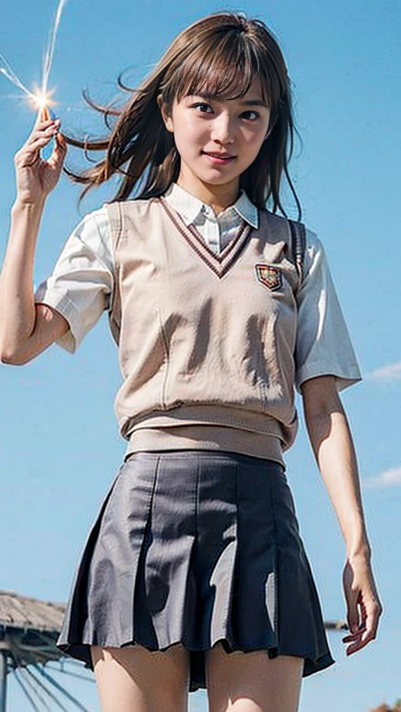 masterpiece, Highest quality, High resolution,8k， 1 hair clip, Tokiwadai School Uniform 、Tokiwadai school emblem on the left chest、Photorealistic,Windmill side、blue sky、smile、Roll up your skirt to show your underwear、Pure white panties、Grey Skirt、Produces lightning from the body、Electricity shoots out from my hands