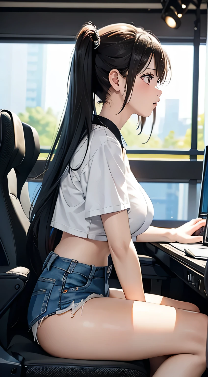 (side view), the girl  with long black hair, (ample breasts), wearing a white T-shirt and denim shorts, sitting on a chair in a TV studio. She talking seriously with a photographer. ((Her mouth is covered with her hands)). They are discussing something intently. in summer