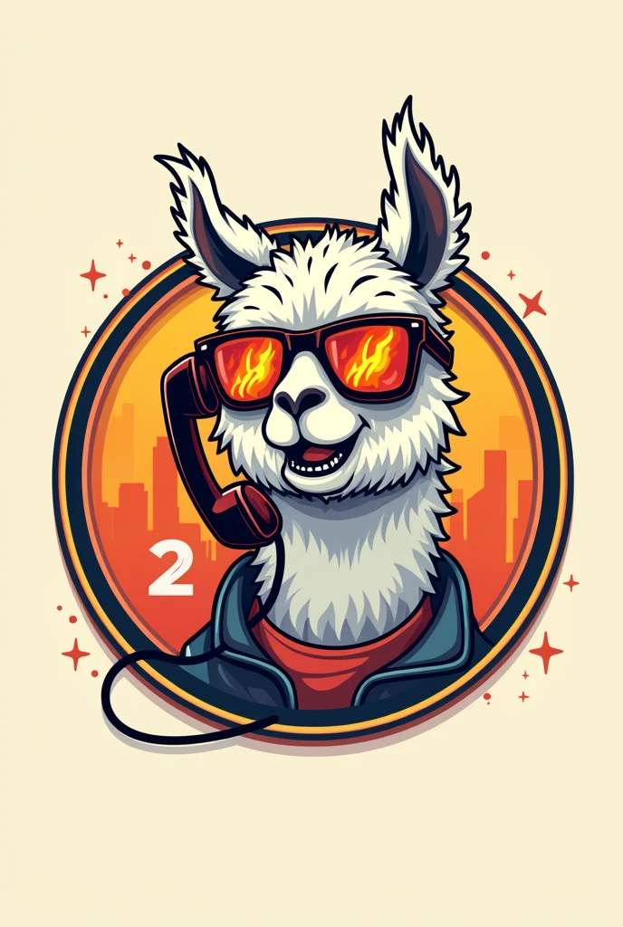 Create a logo for a group, about: a llama or alpaca (animal) with sunglasses, It is essential that there is a flame of fire in the reflection of the sunglasses, the animal, that is to say a flame, He must be talking on a vintage phone, all this within a circle, and there must be some letters that say "LLAMA2". 
