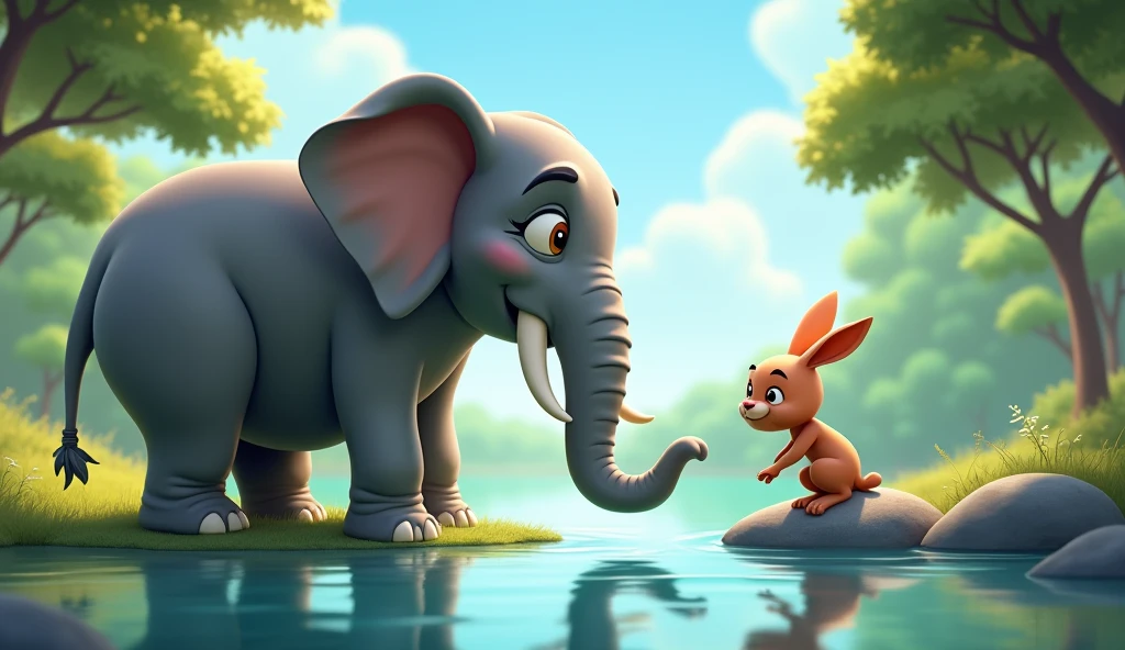 Hathi standing by a calm river, drinking water, while Khargosh approaches him with a playful, challenging look. The river reflects the surrounding trees and sky, creating a serene atmosphere. Hathi, confident and slightly amused, turns his head to look at Khargosh, while the rabbit, small but determined, stands on a rock or a small hill, emphasizing their size difference and contrasting their attitudes.3d cartoon