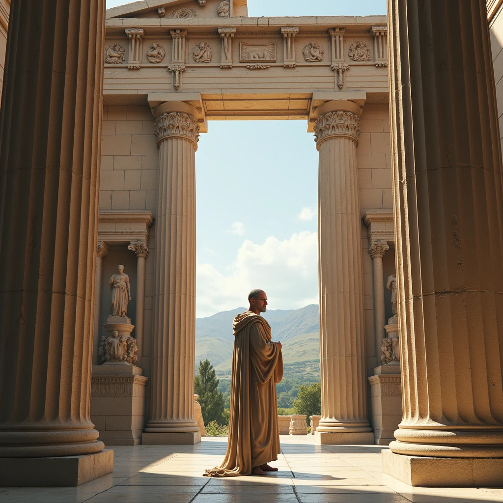 "A realistic image of Plato in a gigantic temple to Jupiter outside Ancient Athens" (realistic image)