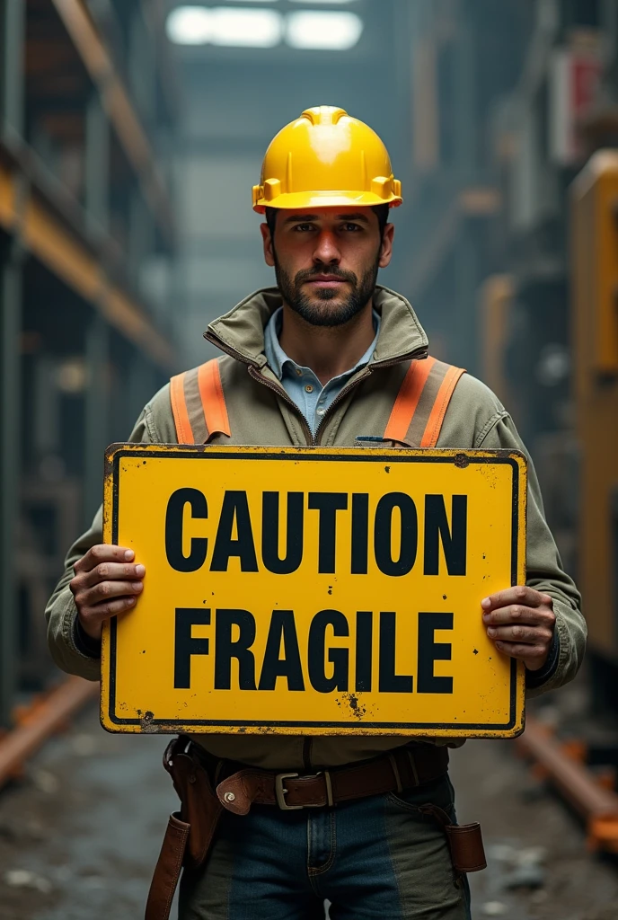 Create a png image of a person holding a work safety sign written: CAUTION, fragile 