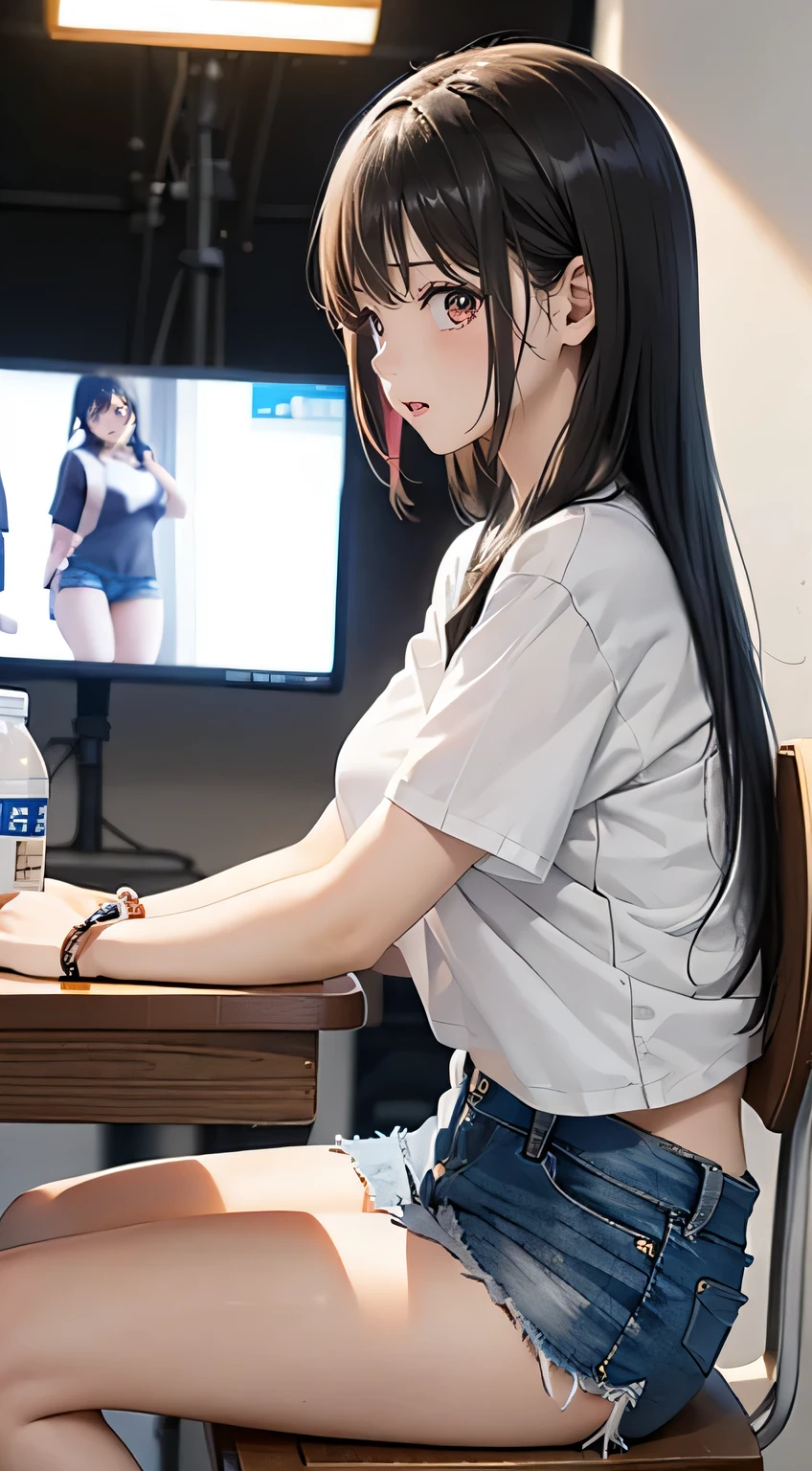 (side view), the girl with long black hair, (ample breasts), wearing a white T-shirt and denim shorts, sitting on a chair in a TV studio. She talking seriously with a photographer. ((Her mouth is covered with her hands)). They are discussing something intently. in summer