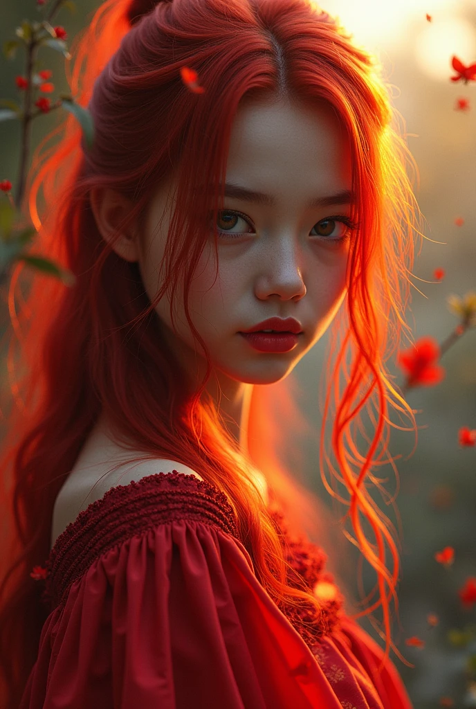 highly detailed, 8k, masterpiece, 1girl, Red tied_hair, dress , crazy_smile, (perfect_face), detailed_background, full_body, bloom,(beautiful lighting:1.3), caustics, dynamic lighting, from_below