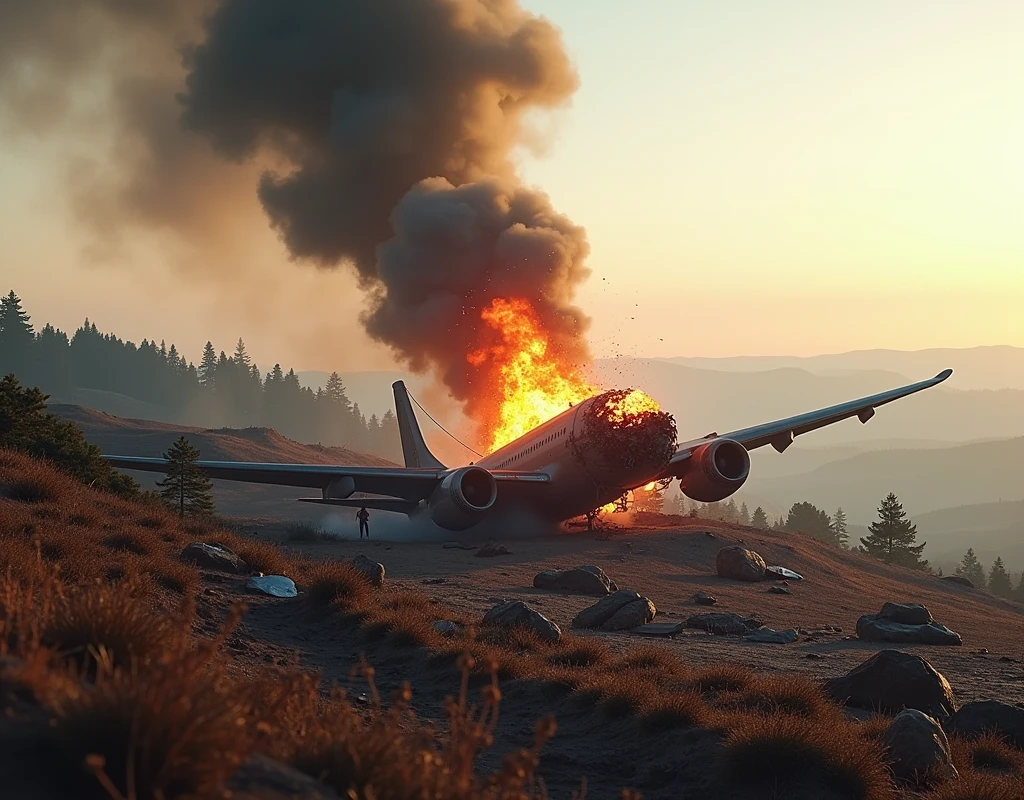  Plane explosion on hill with debris and smoke. Show a broad view of the impact, with debris scattered and smoke rising into the sky. The scene should have a feeling of total destruction.. (extremely detailed CG unit 8K wallpaper, Artwork, best quality, ultra-detailed, hdr:1.2)