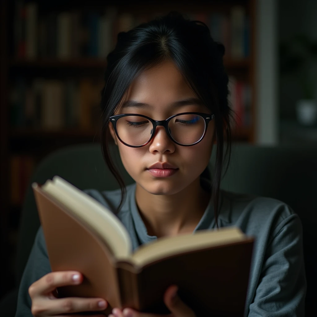 a person studying with an open book in hand, wearing glasses , Financial education, studies