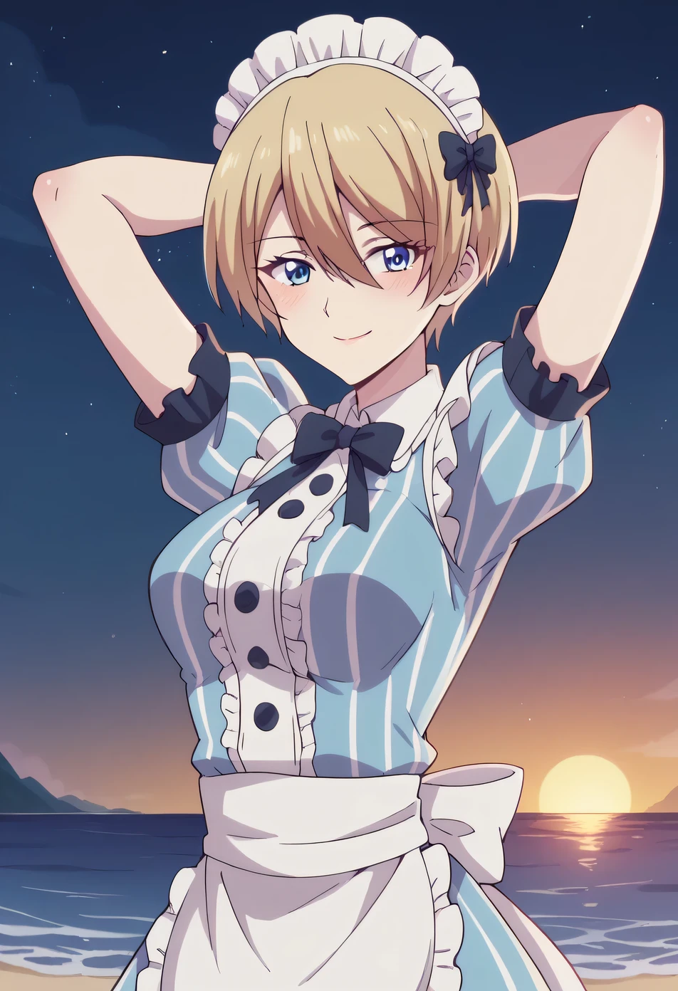 akane hououji, pixie cut, short hair, bangs, blue eyes, blonde hair, hair between eyes, dress, bow, short sleeves, frills, striped, apron, maid, maid headdress, blue dress, waist apron, white apron, vertical stripes, high quality, solo, blushing, night sky, beach, arms behind head, medium breast, contrapposto, closed mouth, spread armpits, cowboy shot, looking at viewer, smile, best quality,
