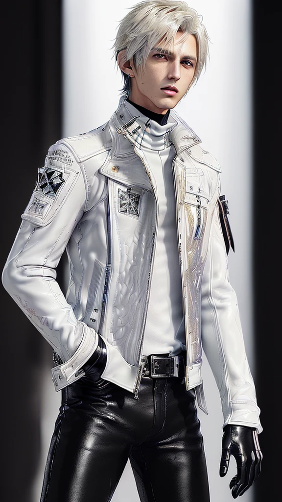 ((Final fantasy taste and reality graphics)), ((Japanese young cute and cool ikemen boy)), his age is early 20s, thin eyebrows and beady eyes, ((((he wearing white color leather very thick single-brest jacket)))),((((leather jacket is smooth luster and shiny)))), ((jacket with epaulet)), ((leather jacket close all zippers)),, ,(( jacket collar is very high length stand-up collar with belts)), , (((also wearing black color turtleneck polyester shirts))), (((tight black and leather pants))), ((((black leather tight and thin glove)))), ((black color leather knee-high raceup boots)),((show the boy whole body)), boy looks like fashion model,Do not show skin from the neck down,(((all his clothes are smooth design and very shining))),(((Avoid adding unnecessary decorations to your clothes))),(((all clothes is simple design and appearance))),(((don't wear jewelry on all clothes)))