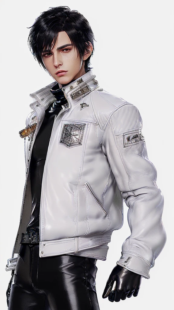 ((Final fantasy taste and reality graphics)), ((Japanese young cute and cool ikemen  boy)), his age is early 20s, thin eyebrows and beady eyes,  ((((he wearing white color leather very thick single-brest jacket)))),((((leather jacket is smooth luster and shiny)))), ((jacket with epaulet)), ((leather jacket close all zippers)),, ,(( jacket collar is very high length stand-up collar with belts)), , (((also wearing black color turtleneck polyester shirts))),  (((tight black and leather pants))), ((((black leather tight and thin glove)))), ((black color leather knee-high raceup boots)),((show the boy whole body)), boy looks like fashion model,Do not show skin from the neck down,(((all his clothes are smooth design and very shining))),(((Avoid adding unnecessary decorations to your clothes))),(((all clothes is simple design and appearance))),(((don't wear jewelry on all clothes)))