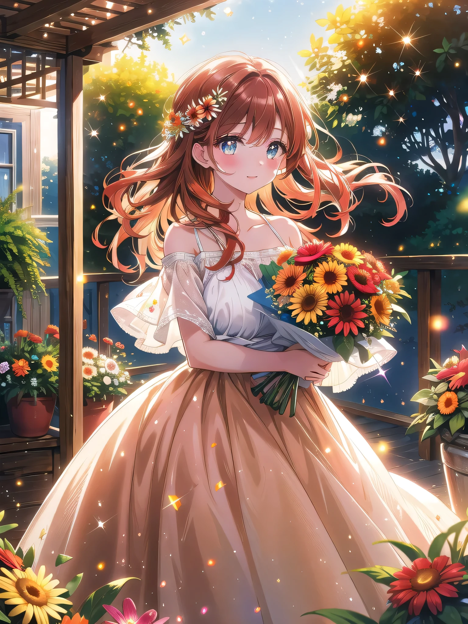 ((8k, Highest quality, masterpiece: 1.3)),Ultra-high resolution,(1 girl, alone), (Color changing eyes, Ultra-detailed, Expressive brilliance, Glitter, Glowing Eyes), Highly detailed eyes, Highly detailed face, Random Hair, ((pastel colour))Visualize a woman standing on a picturesque outdoor terrace of a Mediterranean-style villa, with stunning views of the ocean in the background. She’s holding a vibrant bouquet of red and orange gerberas mixed with soft greenery, wrapped in rustic brown paper. The bouquet is large and striking, with a lively, cheerful appearance. She’s dressed in a flowy, off-shoulder white summer dress that gently sways with the breeze. Her long, wavy auburn hair cascades over her shoulders, catching the light of the setting sun. She leans forward slightly, extending the bouquet toward the camera with both hands, her expression joyful and warm, her eyes sparkling as if she’s about to say, “This is for you.” The terrace is adorned with potted flowers and fairy lights, creating a romantic, dreamy atmosphere, with soft sunlight and sparkling light effects enhancing the celebratory mood.