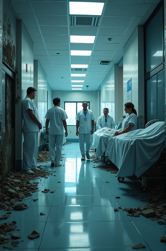 a clean, bright hospital contrasted with a dark, dirty environment filled with sick people