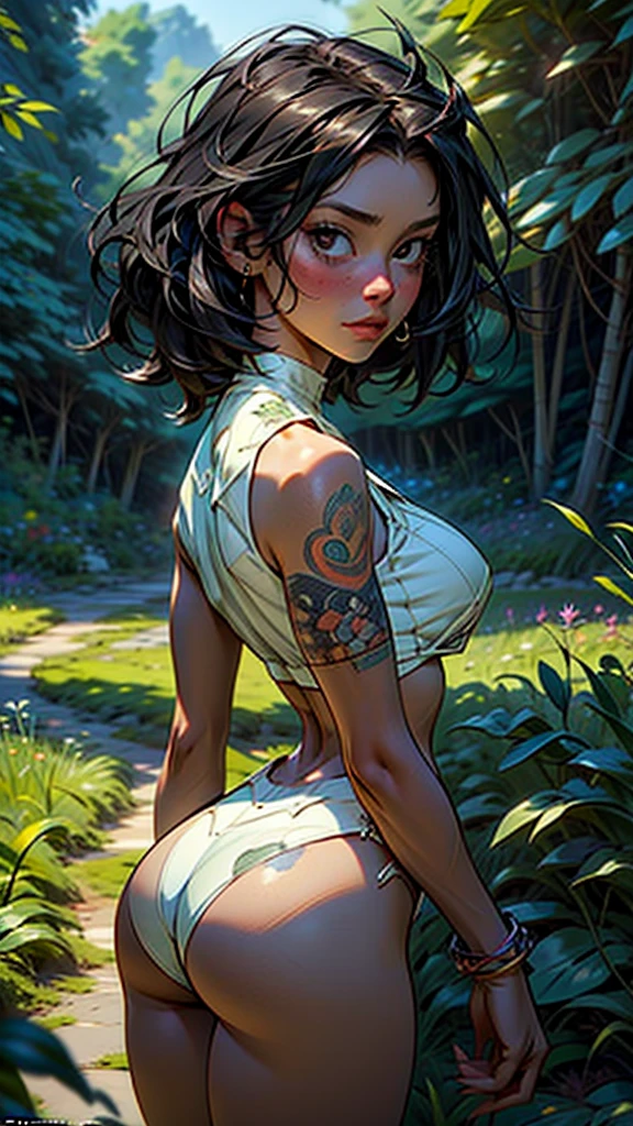 Cowgirl Goddess Beautiful Woman: Named Clarissa, appearing around 40 years old, depicted in an oil painting style. She has long black hair, very large breasts, and is wearing a cow-patterned crop top, She has a perfect face with black eyes, and a large butt. She is standing in a lush green meadow, exuding a serene yet captivating presence. The image should be highly detailed, 8k resolution, and capture the essence of a masterpiece, set in a picturesque and tranquil landscape.