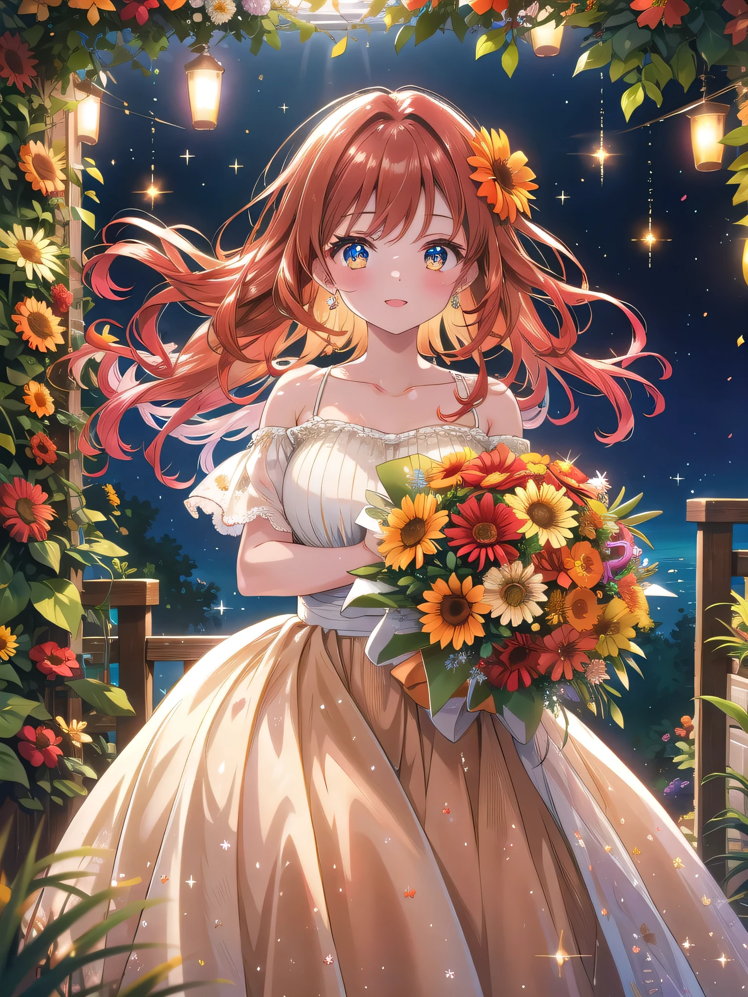 ((8k, Highest quality, masterpiece: 1.3)),Ultra-high resolution,(1 girl, alone), (Color changing eyes, Ultra-detailed, Expressive brilliance, Glitter, Glowing Eyes), Highly detailed eyes, Highly detailed face, Random Hair, ((pastel colour))Visualize a woman standing on a picturesque outdoor terrace of a Mediterranean-style villa, with stunning views of the ocean in the background. She’s holding a vibrant bouquet of red and orange gerberas mixed with soft greenery, wrapped in rustic brown paper. The bouquet is large and striking, with a lively, cheerful appearance. She’s dressed in a flowy, off-shoulder white summer dress that gently sways with the breeze. Her long, wavy auburn hair cascades over her shoulders, catching the light of the setting sun. She leans forward slightly, extending the bouquet toward the camera with both hands, her expression joyful and warm, her eyes sparkling as if she’s about to say, “This is for you.” The terrace is adorned with potted flowers and fairy lights, creating a romantic, dreamy atmosphere, with soft sunlight and sparkling light effects enhancing the celebratory mood.