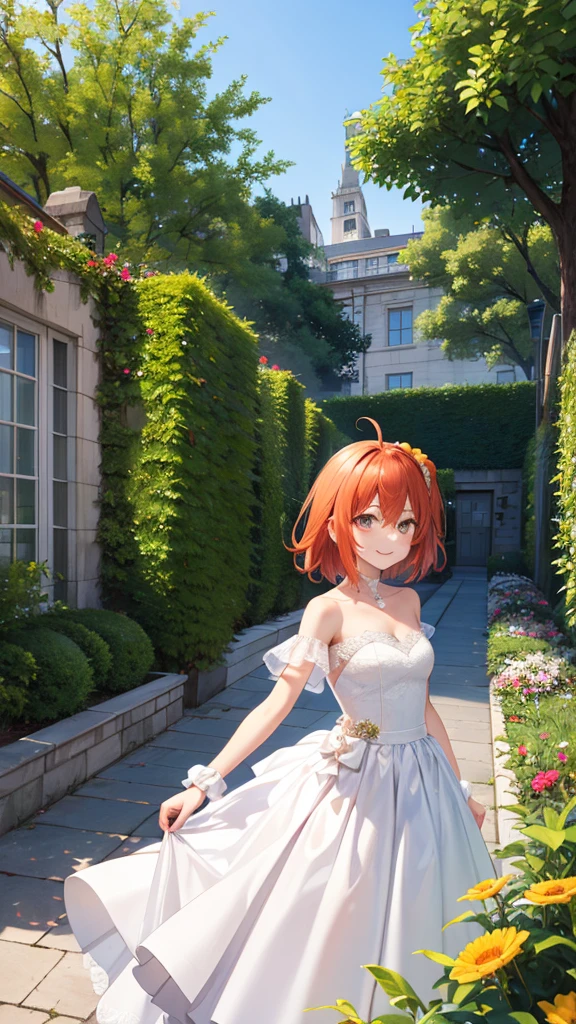 masterpiece, best quality, highres, aaritsuka, short hair, ahoge, hair scrunchie, orange scrunchie, smile, city, garden, wedding dress, off the shoulder