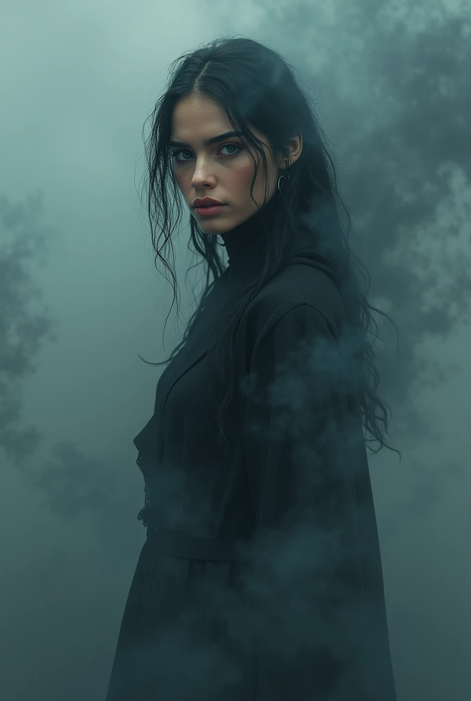 Create a female avatar with the name Young Nightmer , hyperrealistic digital art photography, detailed, smoke, mist, mysterious night, atmospheric, moody, unique face similar to catherine zeta jones and cate blanchett