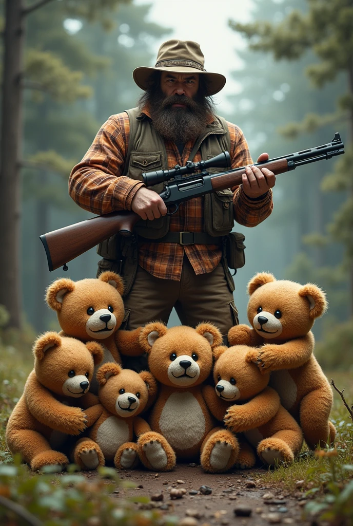 Teddy bears trying to hug a hunter who is pointing a gun at them, to color