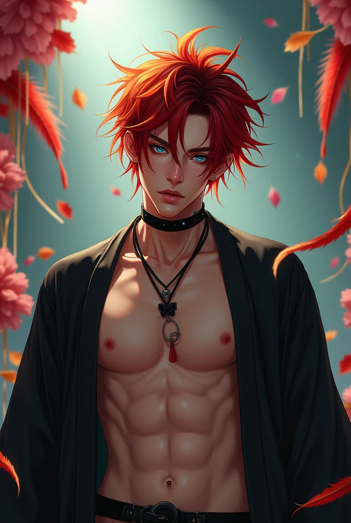absurd, high resolution, ultra detailed, HDR, masterpiece, best quality, extremely detailed, detailed eyes, Quincy, red hair with yellow side streaks, messy ponytail hair, hair between the eyes, expressive blue eyes, Naked Carnival, solo, sexy man, manly man, horny, lustful, handsome, fantasy, undressing, black haori, transparent kimono, black choker, feathers, accessories, black gloves, fingerless gloves, elbow gloves, black bow headband, cock full of old perverts, ear microphone, flowers, mouth piercing, spotlight shining, fantasy manhwa, cock show,