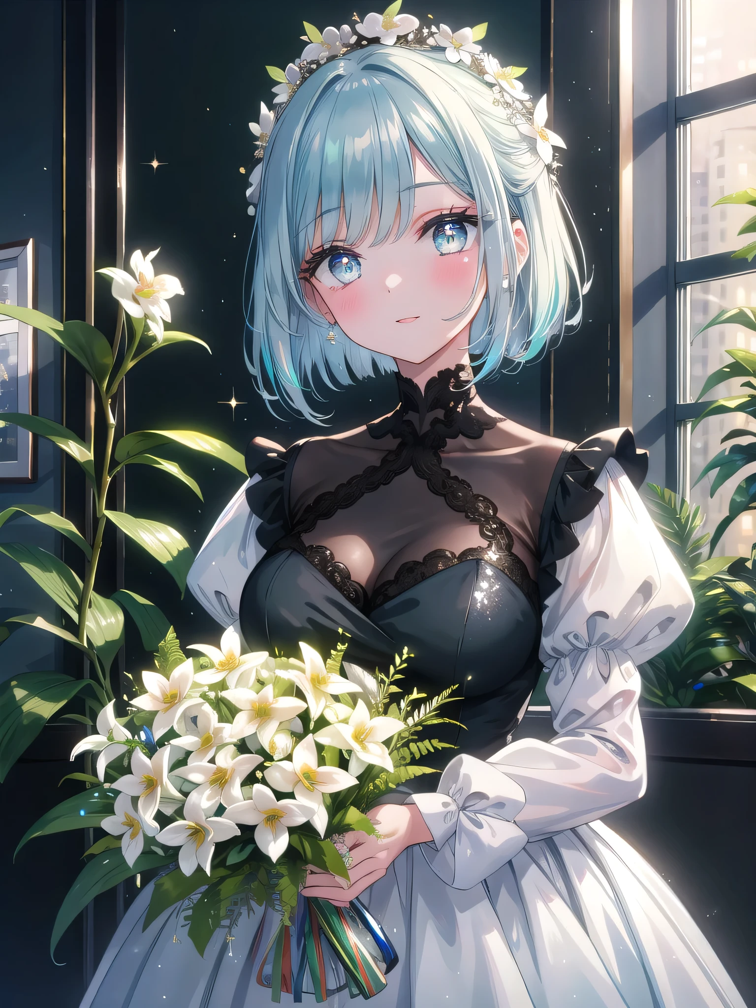 ((8k, Highest quality, masterpiece: 1.3)),Ultra-high resolution,(1 girl, alone), (Color changing eyes, Ultra-detailed, Expressive brilliance, Glitter, Glowing Eyes), Highly detailed eyes, Highly detailed face, Random Hair, ((pastel colour))Visualize a woman in a modern office lobby, with sleek, contemporary design elements like glass walls, clean lines, and large potted plants. She’s holding a refined bouquet of white orchids and green ferns, wrapped in a crisp, white paper with a minimalist black ribbon. The bouquet is elegant and sophisticated, perfectly matching the sleek setting. She’s dressed in a stylish, tailored navy blue suit with a crisp white blouse, her hair styled in a neat bob that frames her face elegantly. She leans forward, holding the bouquet in one hand while gesturing invitingly with the other, her expression bright and professional, her eyes sparkling with kindness and a touch of excitement as she offers the bouquet as a congratulatory gesture. The lobby’s bright lighting and modern art pieces on the walls create a polished, upscale atmosphere, with subtle sparkles enhancing the celebratory tone.