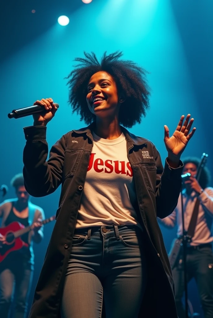 (Maximum quality, work of art: 1.3), : 1.3, (holding microphone: 1.2), brown singer, curly hair, Shirt with Jesus written on it Grace Echo, comely, cerulean, Face ultra detailed, band playing behind detailed, praising God, feeling the presence of God. , coat with Echo Grace written on it