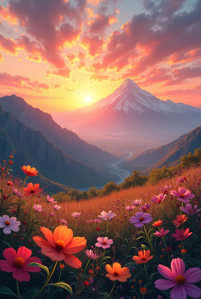 A flowers on a mountain with a beautiful sunset sky