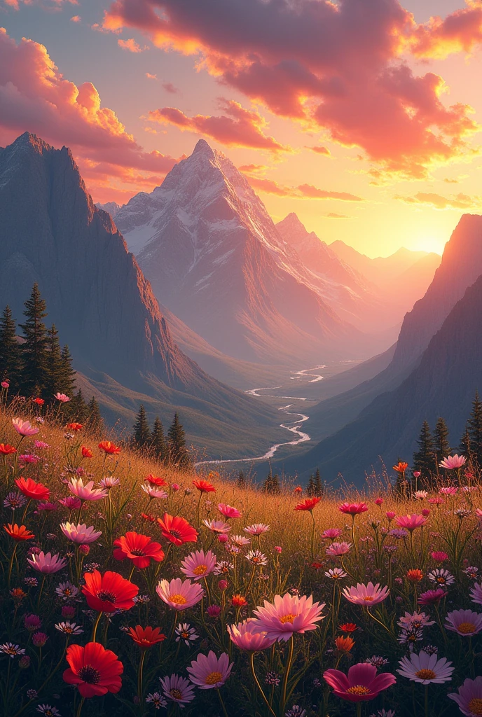 A flowers on a mountain with a beautiful sunset sky