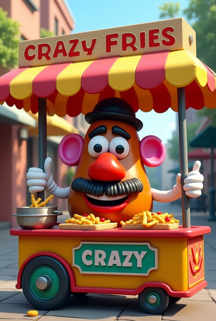 Mr. Potato Head cooking crazy fries in a food cart with a roof