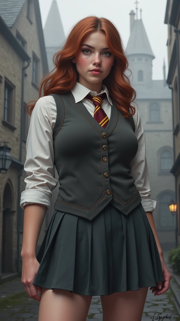 An illustrated movie poster, hand-drawn, full color,(EmmaWatson:1.99),( a teenage Hogwarts student:1.4) ,(falda student corto plomo :1.4), (hogwarts school uniform:1.4), 18-years-old, female, wearing a charcoal vest and a pleated skirt, athletic hourglass figure, full wide hips, massive round butt, long shapely legs, ridiculously thick powerful thighs, vibrant eyes, deep dark auburn hair, thick shaggy bangs, flushed sun-kissed complexion, freckles, resembles Genevieve O'Reilly, standing in a foggy Hogwarts courtyard, surrounded by mist, graphite shading, stencil marks, airbrushed acrylic paint, masterpiece, close-up shot, in the style of the Deathly Hallows, high quality, (RAW photo, best quality), (realistic, photorealistic: 1.4), (extremely delicate and beautiful: 1.4), amazing, fine details, masterpiece, ultra detailed, high resolution, best illustration, best shadow, intricate, ( extremely intricate: 1.2), (exquisitely detailed skin), cinematic light, perfect anatomy, (cool color: 1.4), sharp focus, 8k UHD, DSLR, (Fujifilm XT3),(iluminación cinematográfica :1.4),( Hermione Granger:1.4), (Emma Watson: V2.1), (ojos de Emma Watson:1.5), (hogwarts school uniform:V2.1)