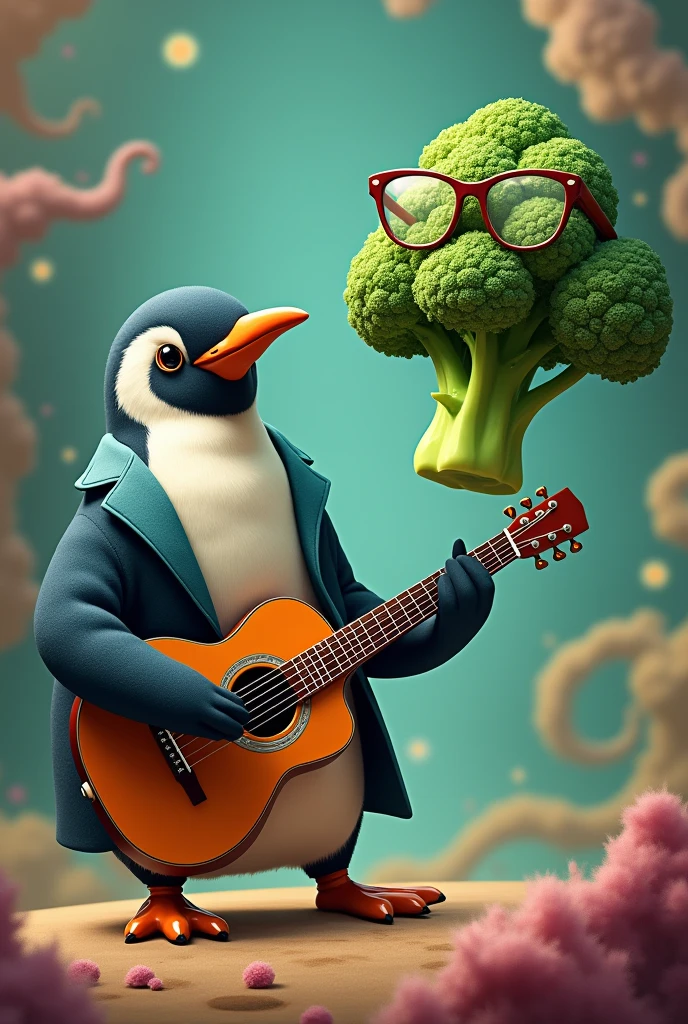 penguin with a guitar and a broccoli with glasses