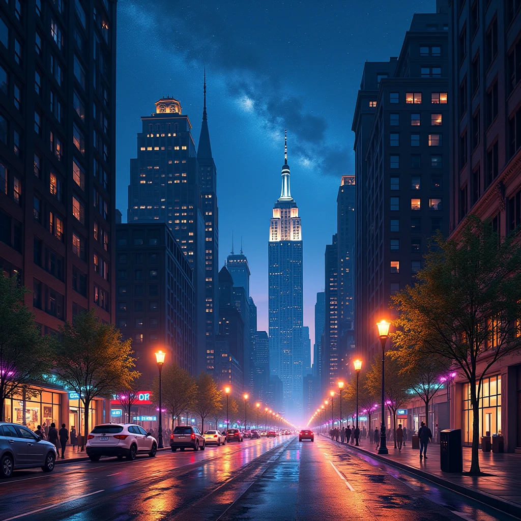 New York City, masterpiece, Highest quality, uhd, Night view, (Ultra-high resolution,8k), Neon Town, Photorealistic, Colorful,Beautiful starry sky, street tree