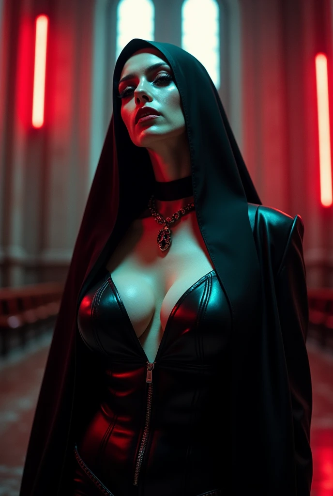 raw, analog) (gothic nun huge breast), set in the 1990's, surreal make up, leather clothes inside a gothic church at night, neon lights, very dark, horror, red shades, chaos, sinister, high details, ultra realistic, SonyA7III, cinematic lighting, film, grain, UHD faces, volumetric shadow, insanely detailed,