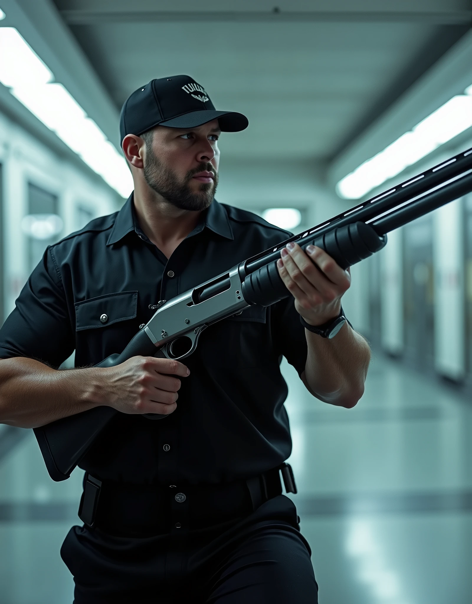 Make an image of a security guard in a black uniform guarding a laboratory, using a shotgun