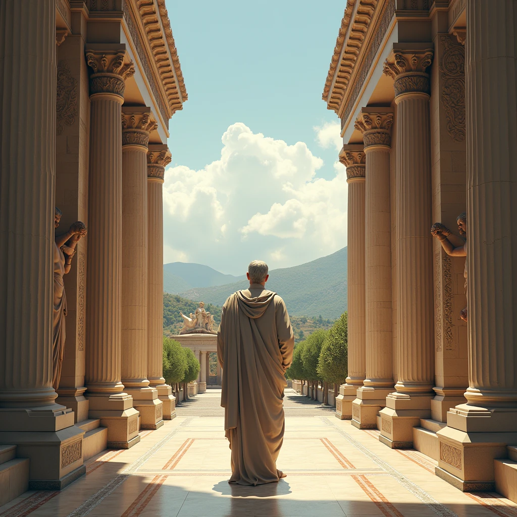 "A realistic image of Plato in a gigantic temple to Jupiter outside Ancient Athens" (realistic image)