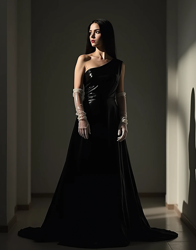 24mm high key film noir novel, long shot still masterpiece, young Italian woman with stunning straight black hair, wearing polycarbonate cocktail, floor length sleeveless one-shoulder evening gown with transparent gloves and wrists, styled by Patrick Nagel. Prominent chest, definite chest curve