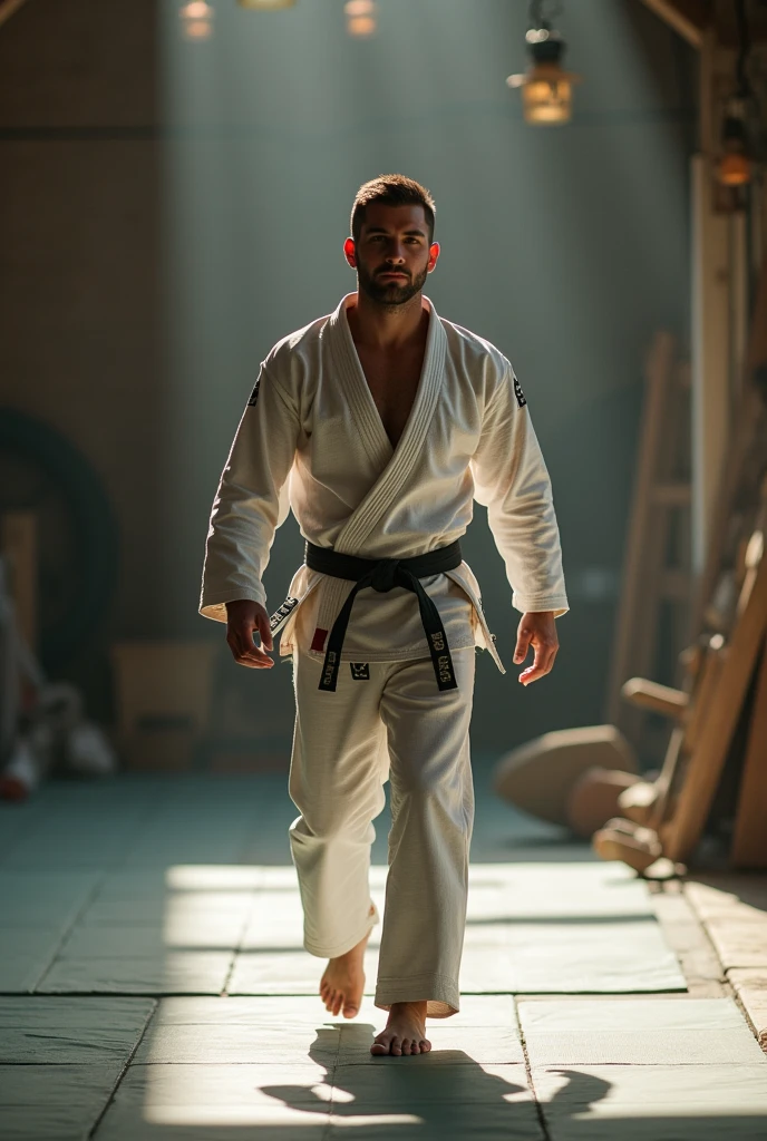 Guy in a karate gi looking down with fists at his side