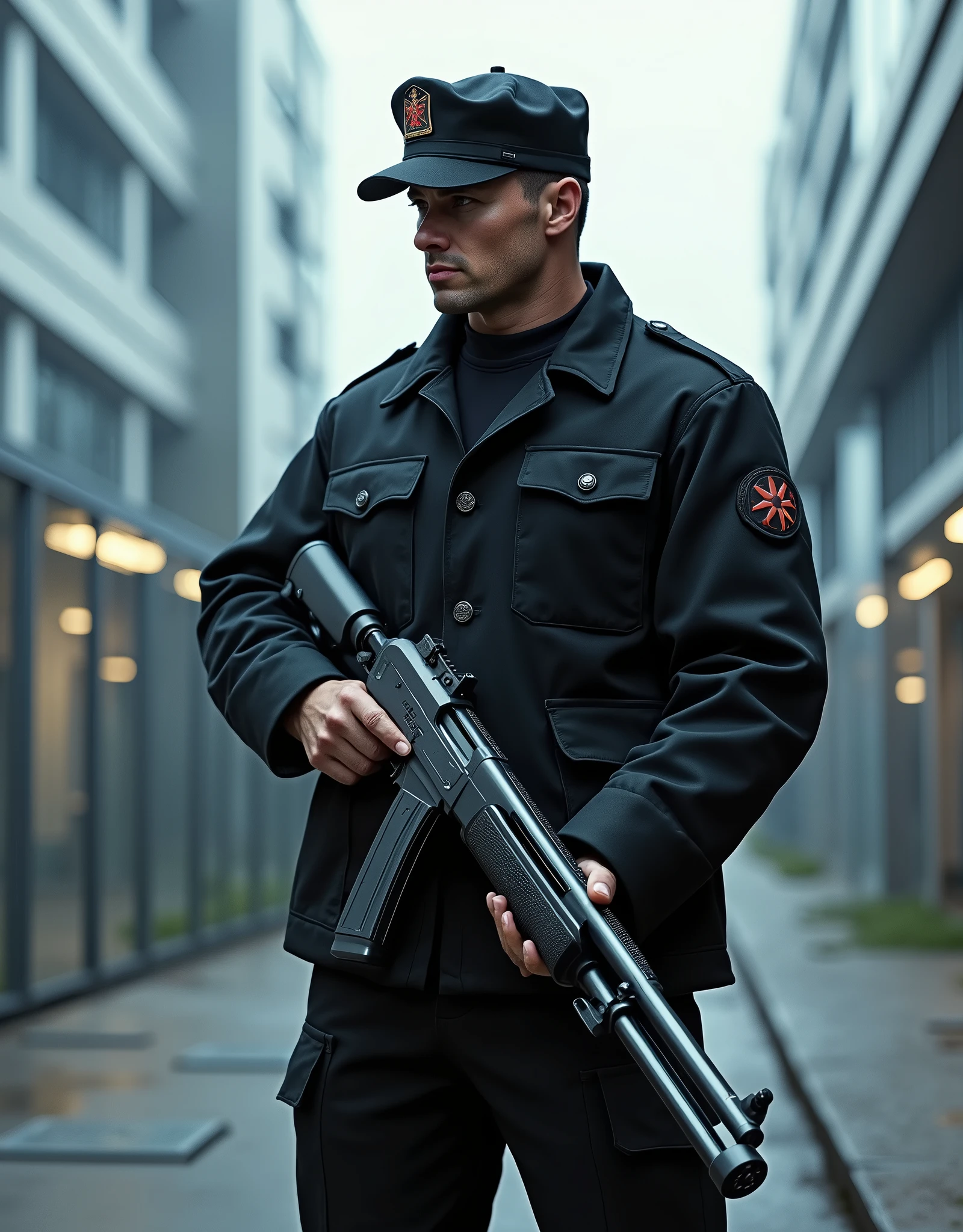 Make an image of a security guard in a black uniform guarding a laboratory, using a shotgun