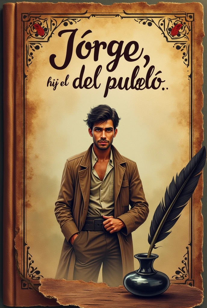 Image of a book titled "Jorge, The Son of the People", in Spanish with the name of Maria Nieves and Bustamante on the cover. at your side, a quill and an inkwell, symbols of his legacy 
