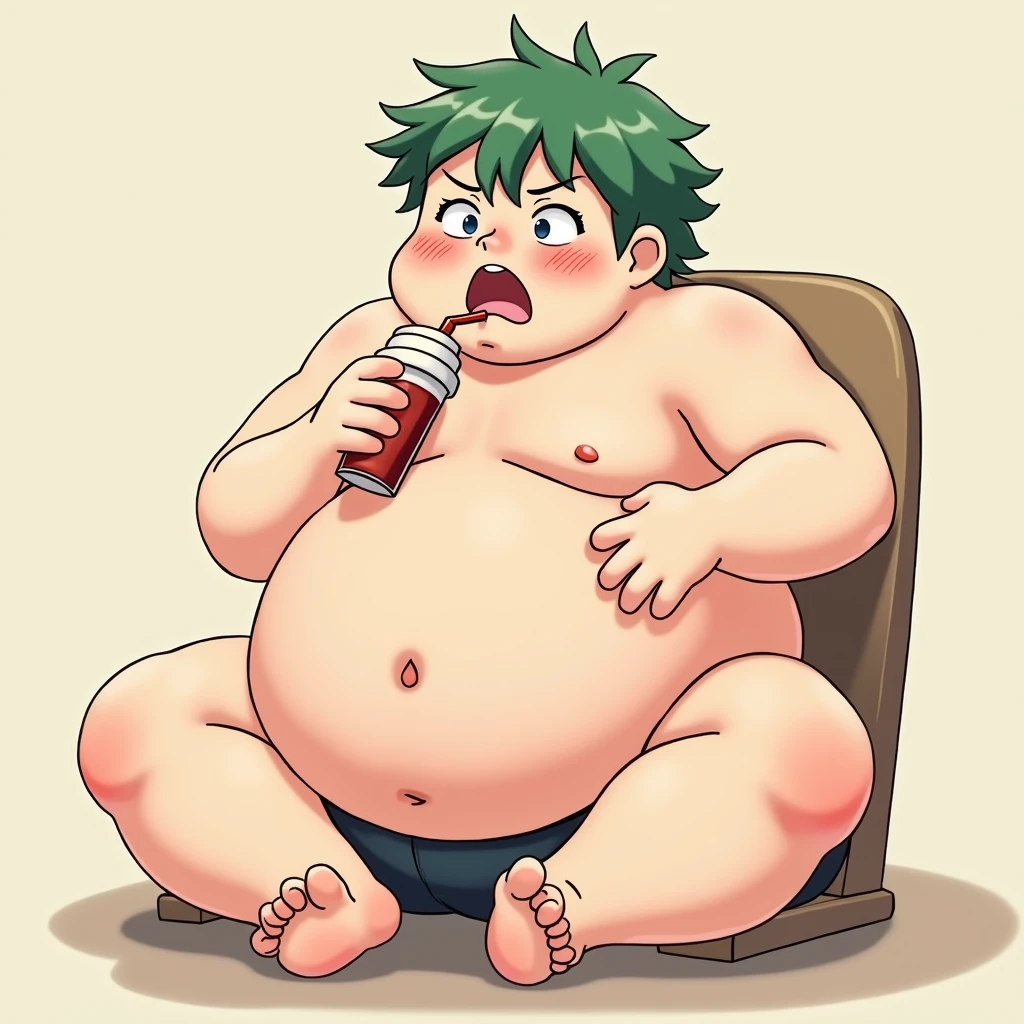 anime style, 1 boy, (male ), , green hair color, shirtless, overweight, chubby, (paunch exposed), (large belly significantly hanging over the waistband), (full blushed), sit down on a chair, belly heavily resting on the thigh, embarrassed, holding a milkshake, (naked), penis,