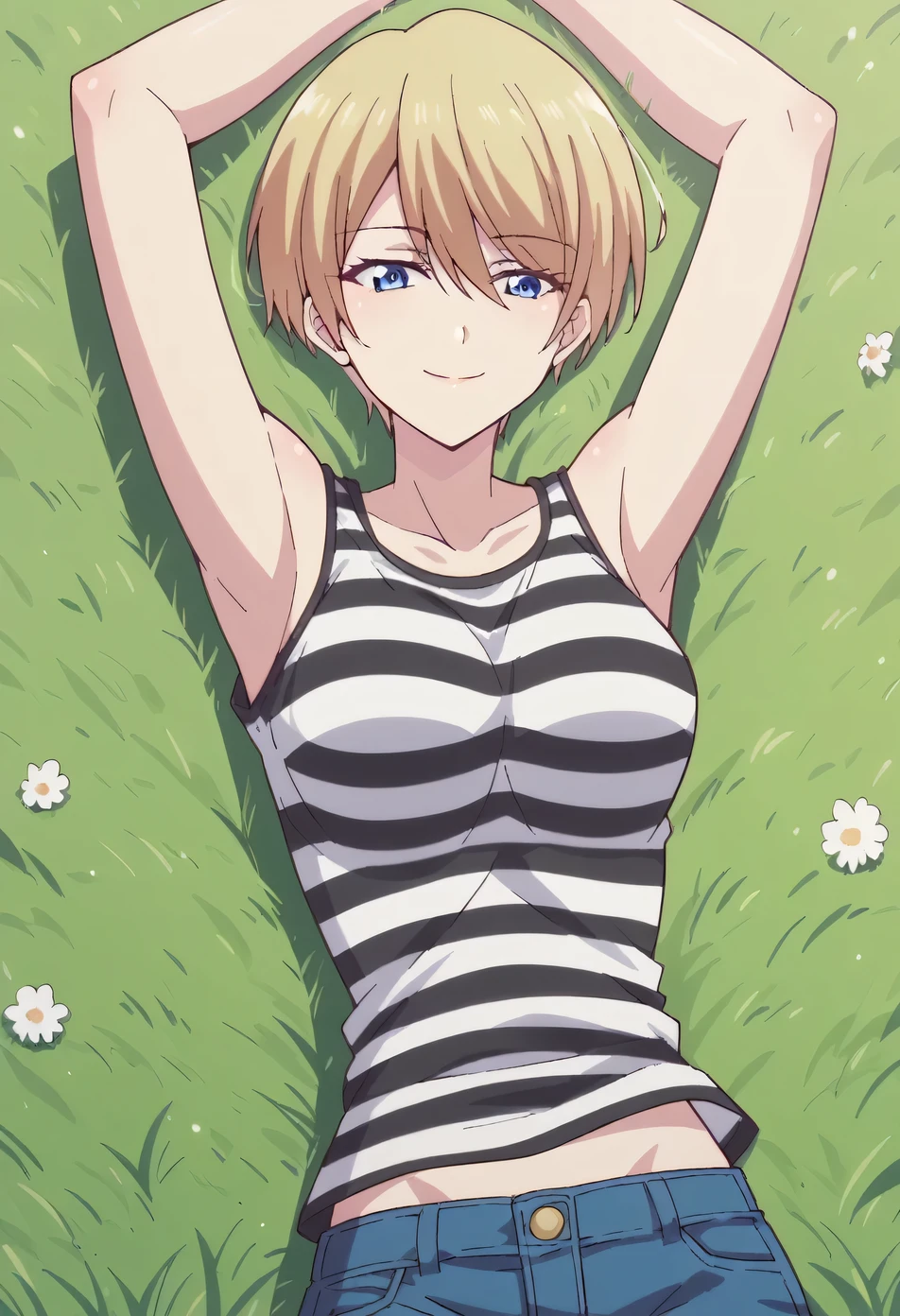 akane hououji, pixie cut, short hair, bangs, blue eyes, blonde hair, hblack_tank_top, striped_shirt, jean shorts, high quality, solo, lying, on back, arms up, spread arms, closed mouth, on grass, looking at viewer, cowboy shot, smile, best quality,