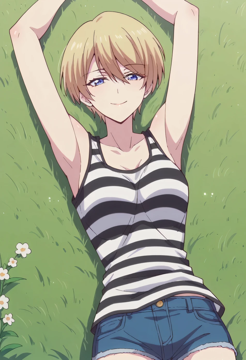 akane hououji, pixie cut, short hair, bangs, blue eyes, blonde hair, hblack_tank_top, striped_shirt, jean shorts, high quality, solo, lying, on back, arms up, spread arms, closed mouth, on grass, looking at viewer, cowboy shot, smile, best quality,