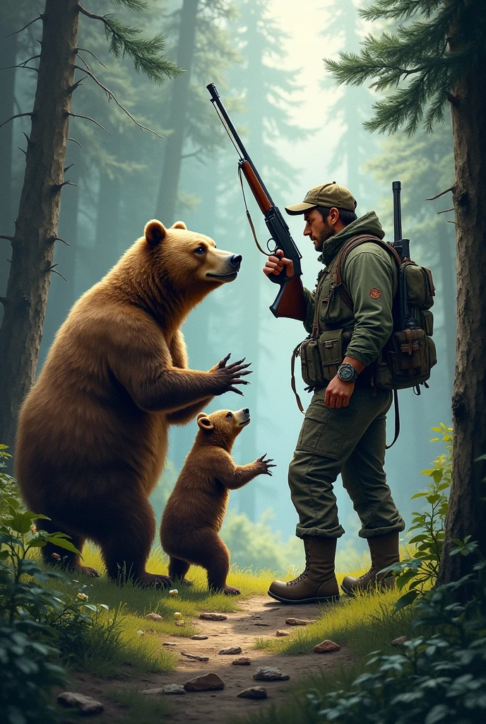 Bears trying to hug a hunter who is pointing a gun at them, to color
