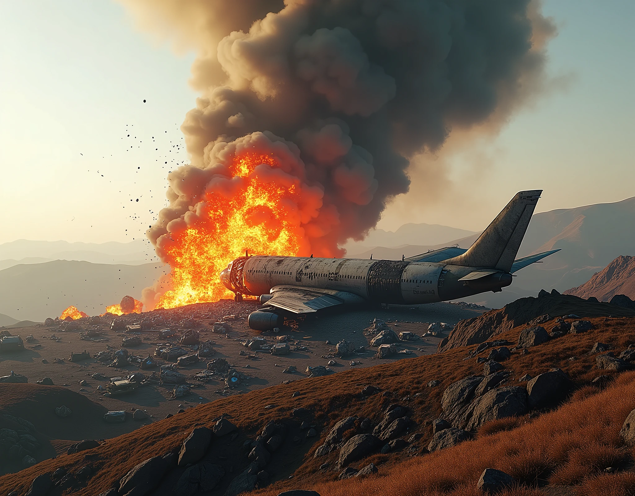 Plane explosion on hill with debris and smoke. Show a broad view of the impact, with debris scattered and smoke rising into the sky. The scene should have a feeling of total destruction.. (extremely detailed CG unit 8K wallpaper, Artwork, best quality, ultra-detailed, hdr:1.2)