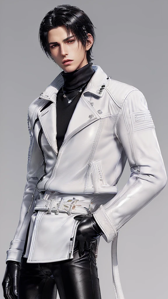 ((Final fantasy taste and reality graphics)), ((Japanese young cute and cool ikemen boy)), his age is early 20s, thin eyebrows and beady eyes, ((((he wearing white color leather very thick single-brest jacket)))),((((leather jacket is smooth luster and shiny)))), ((jacket with epaulet)), ((leather jacket close all zippers)),, ,(( jacket collar is very high length stand-up collar with belts)), , (((also wearing black color turtleneck polyester shirts))), (((tight black and leather pants))), ((((black leather tight and thin glove)))), ((black color leather knee-high raceup boots)),((show the boy whole body)), boy looks like fashion model,Do not show skin from the neck down,(((all his clothes are smooth design and very shining))),(((Avoid adding unnecessary decorations to your clothes))),(((all clothes is simple design and appearance))),(((don't wear jewelry on all clothes)))