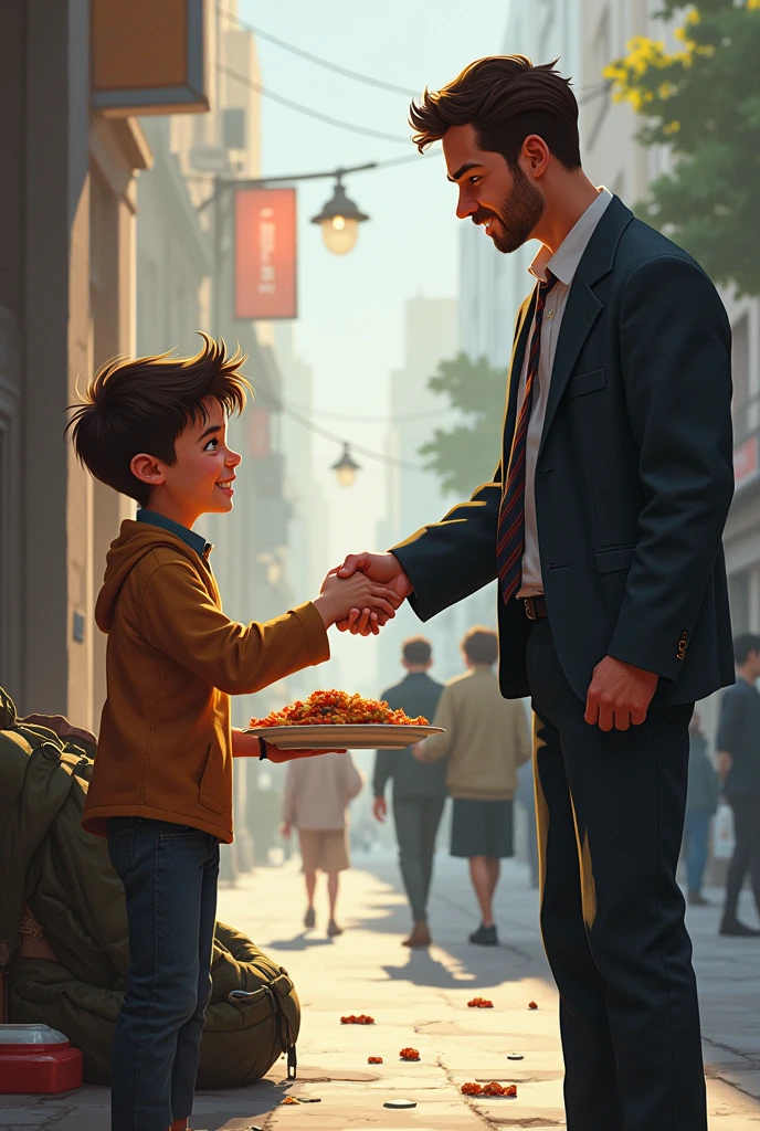 The image will have 2 scenes,The first one is a boy offering food to a homeless man ,The second,A boy shaking hands with an adult man but not so lively and the scenes do not have the same background