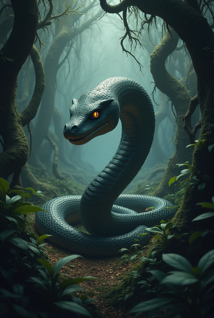 Small snake with huge head in a dark jungle
