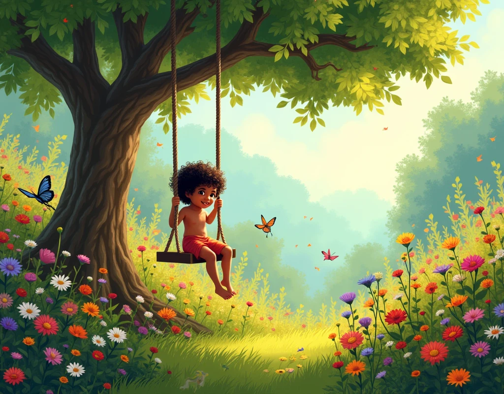 garden full of flowers,MANY SMALL ANIMALS,A TREE WITH A SWING ,A CURLY HAIRED INDIAN CHILD ON A SWING IN THE BACKGROUND