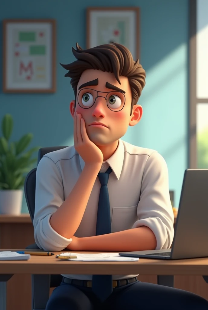 Create an animated image of a sitting male salesman, thinking with dejection about moving up to the position of supervisor in the company where he works, very happy with the opportunity gained, but also fearful of the challenges that lie ahead