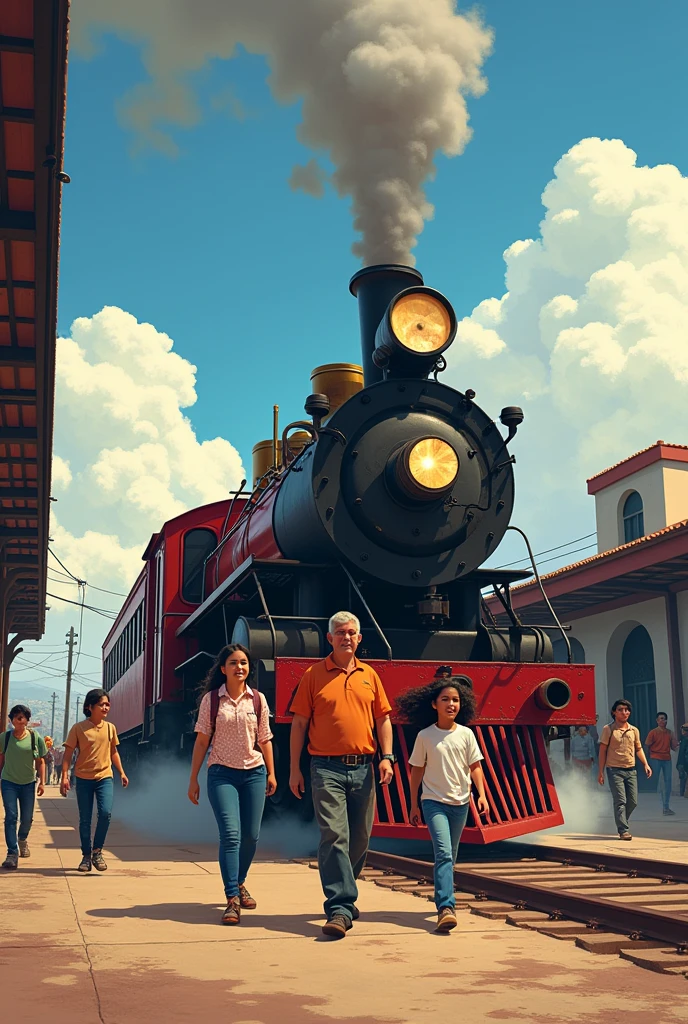 Mexican family boarding a train, with parents and children, symbolizing the beginning of life's journey